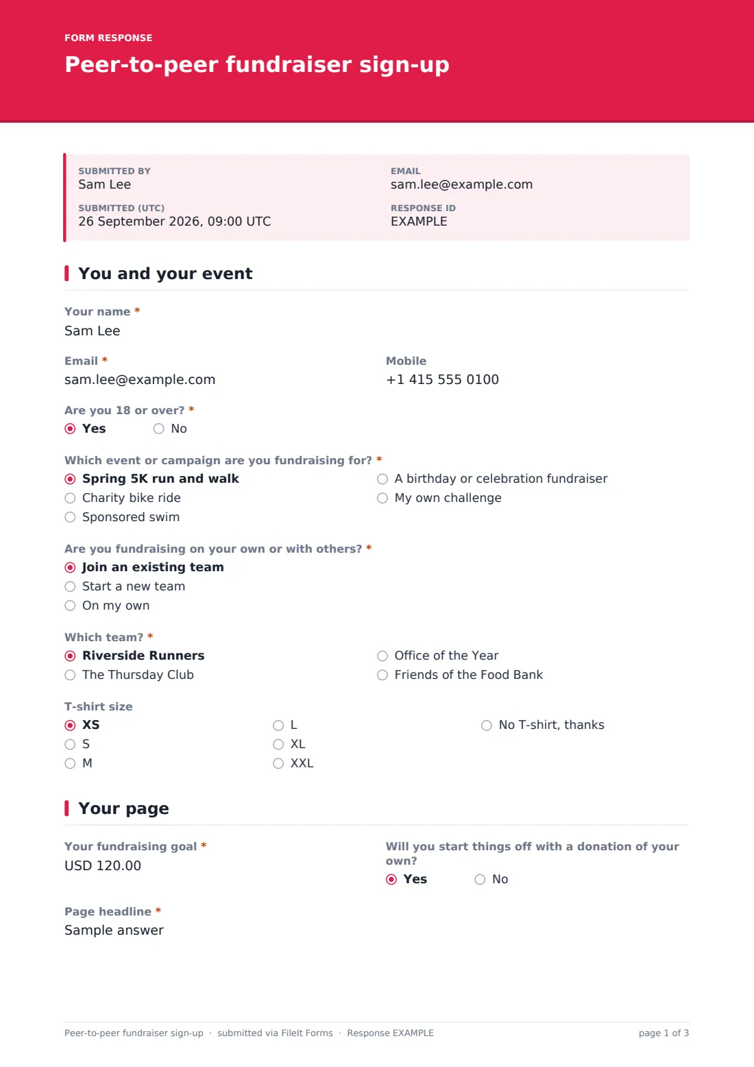 Peer-to-peer fundraiser sign-up — example response PDF, page 1 of 3