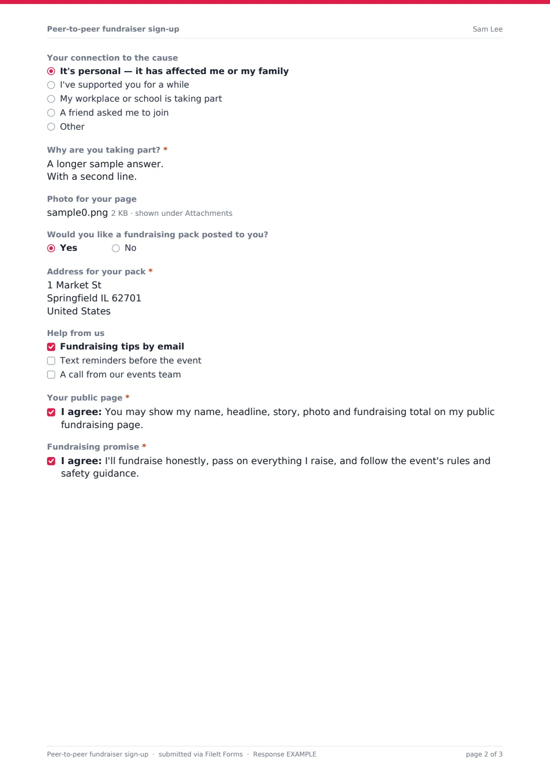 Peer-to-peer fundraiser sign-up — example response PDF, page 2 of 3