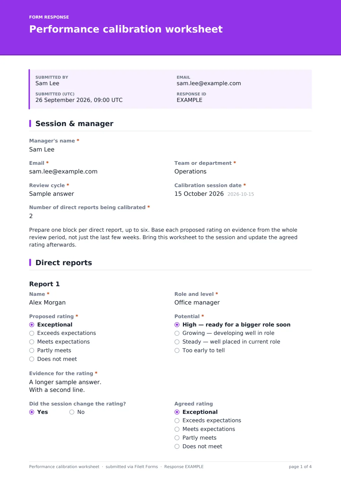Performance calibration worksheet — example response PDF, page 1 of 4