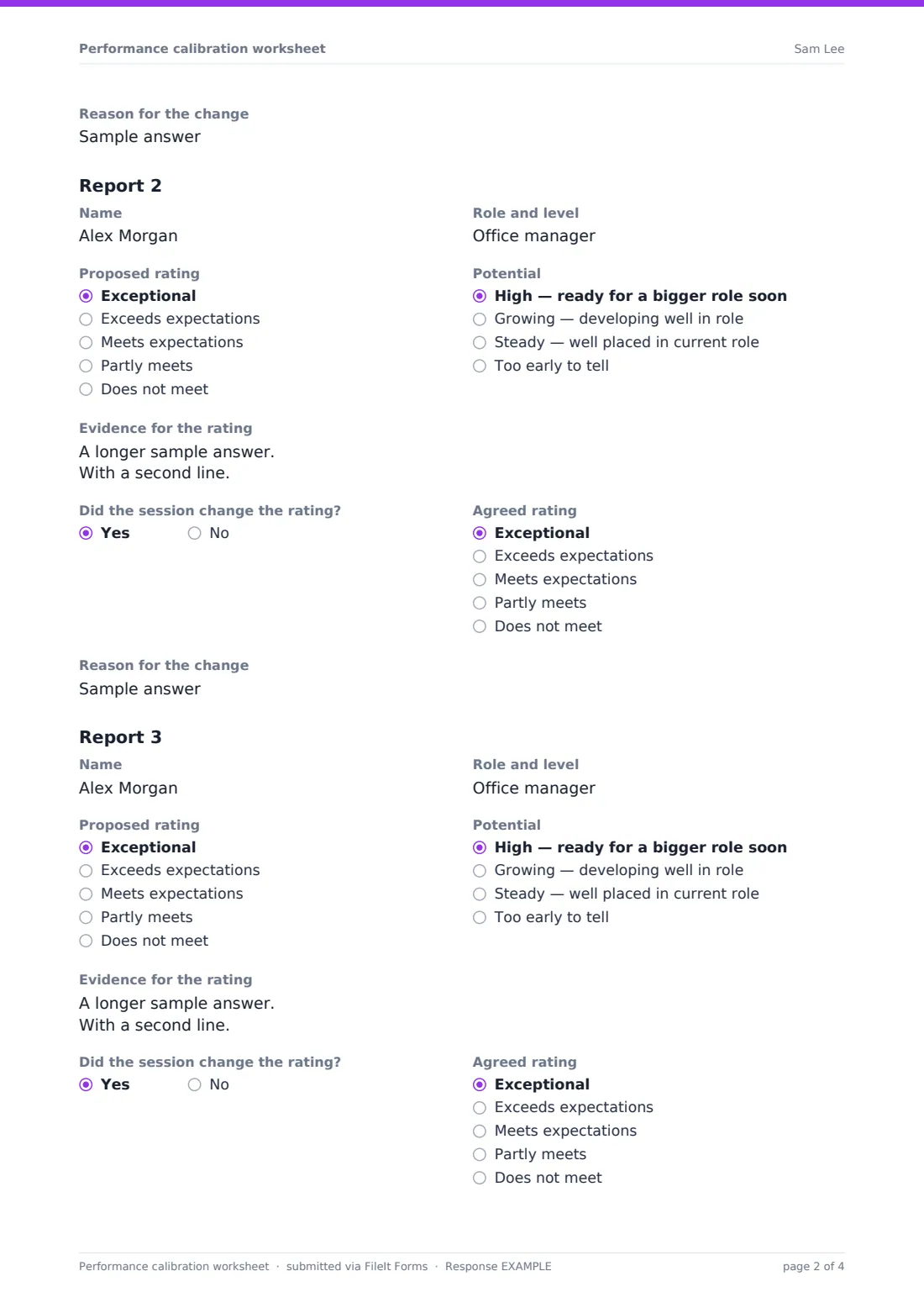 Performance calibration worksheet — example response PDF, page 2 of 4