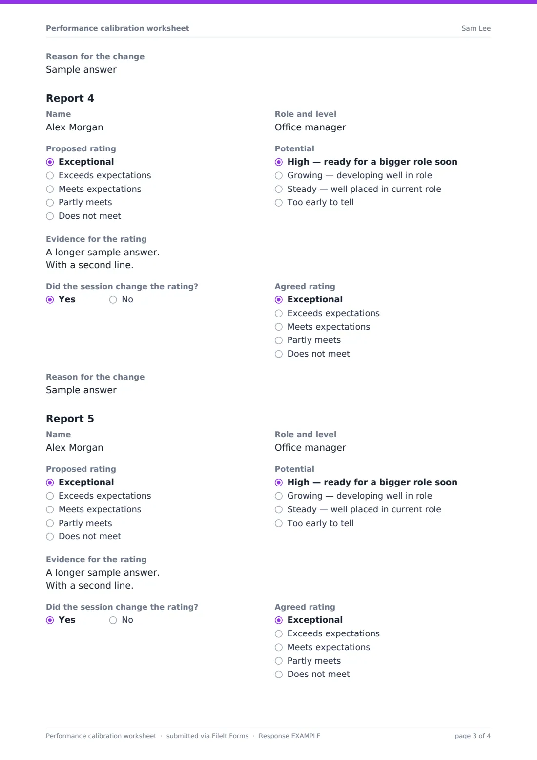 Performance calibration worksheet — example response PDF, page 3 of 4