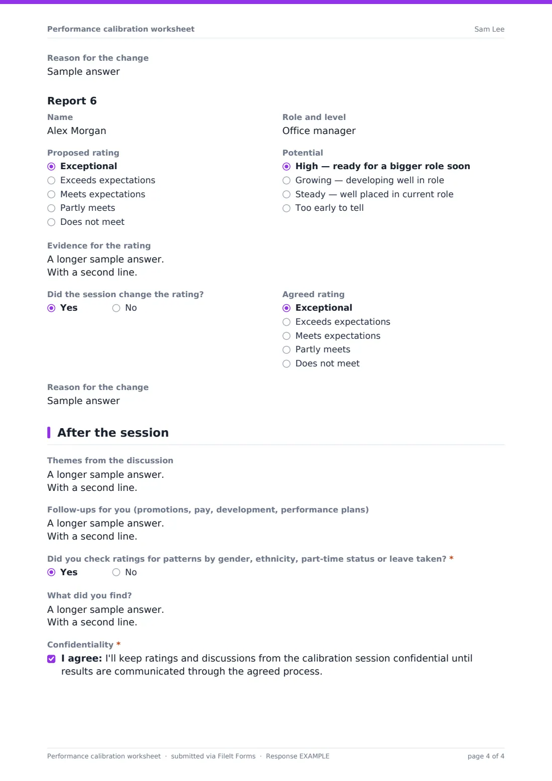 Performance calibration worksheet — example response PDF, page 4 of 4