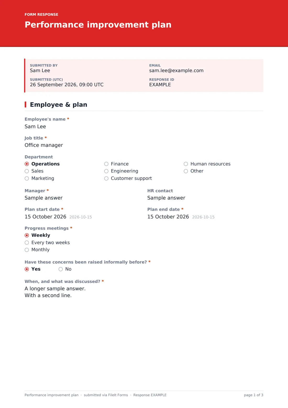 Performance improvement plan — example response PDF, page 1 of 3