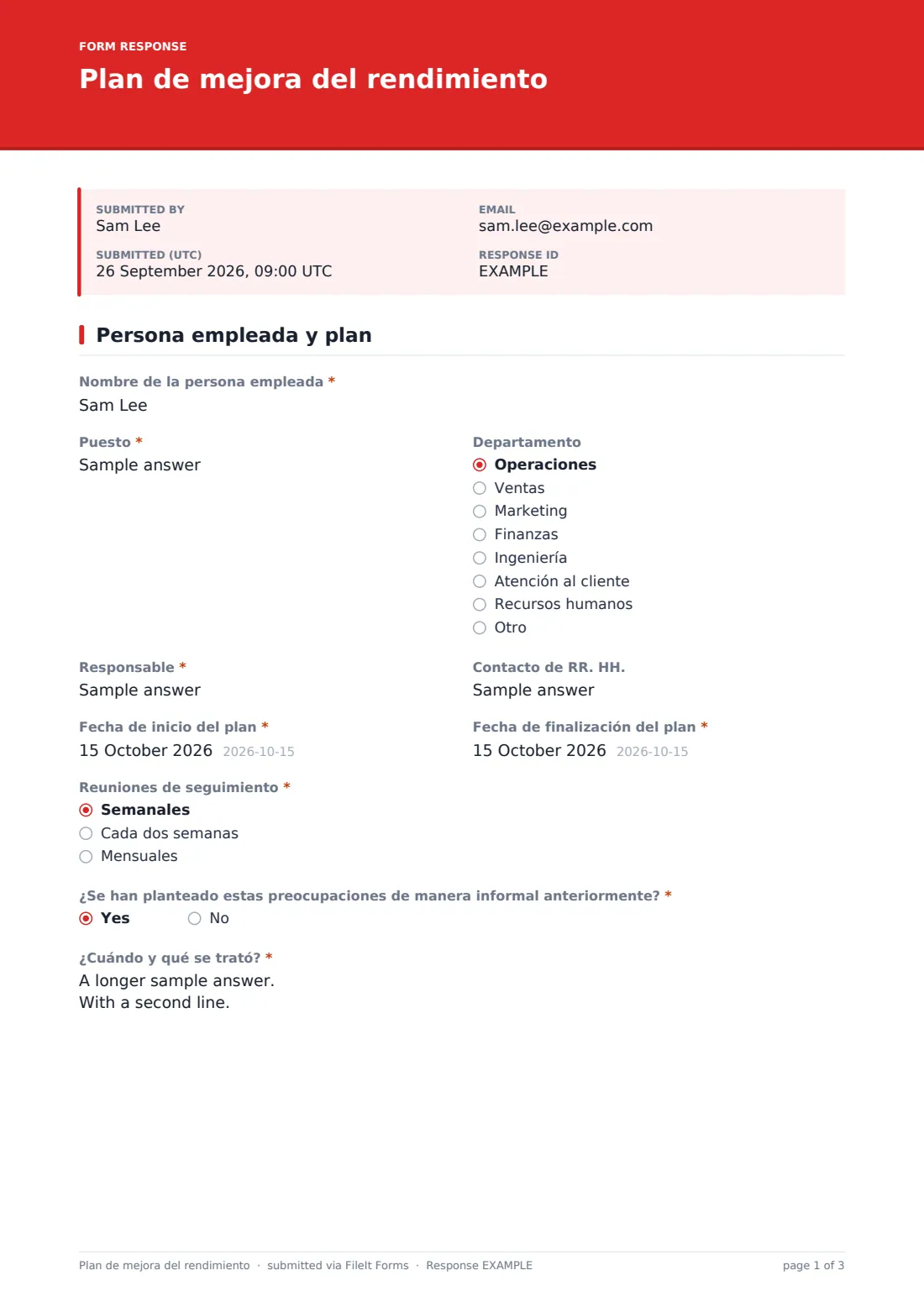 Plan de mejora del rendimiento — PDF de respuesta de ejemplo, página 1 de 3
