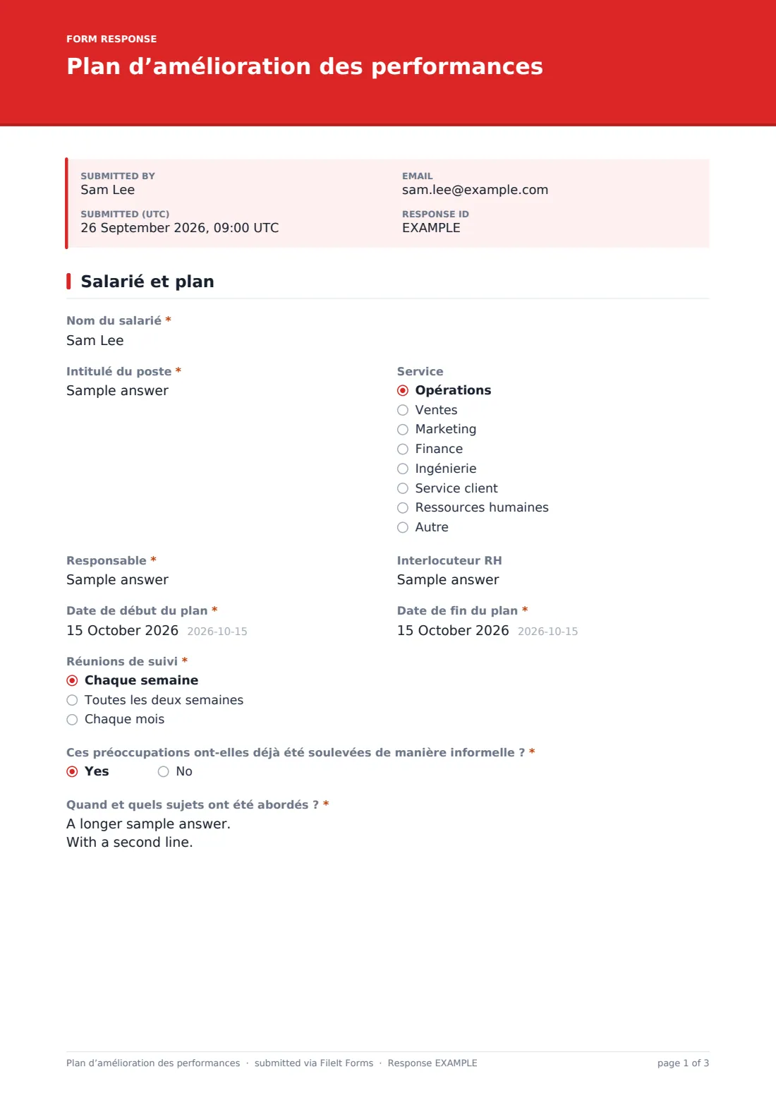 Plan d’amélioration des performances — exemple de réponse au format PDF, page 1 sur 3
