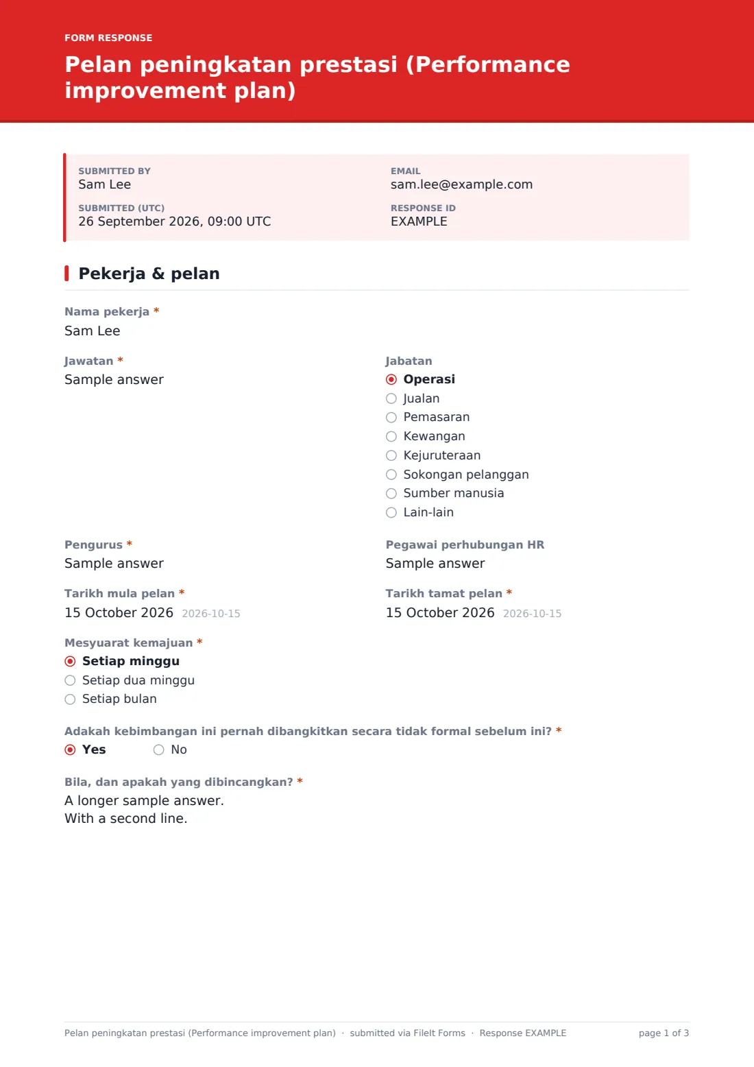 Pelan peningkatan prestasi (Performance improvement plan) — PDF respons contoh, halaman 1 daripada 3