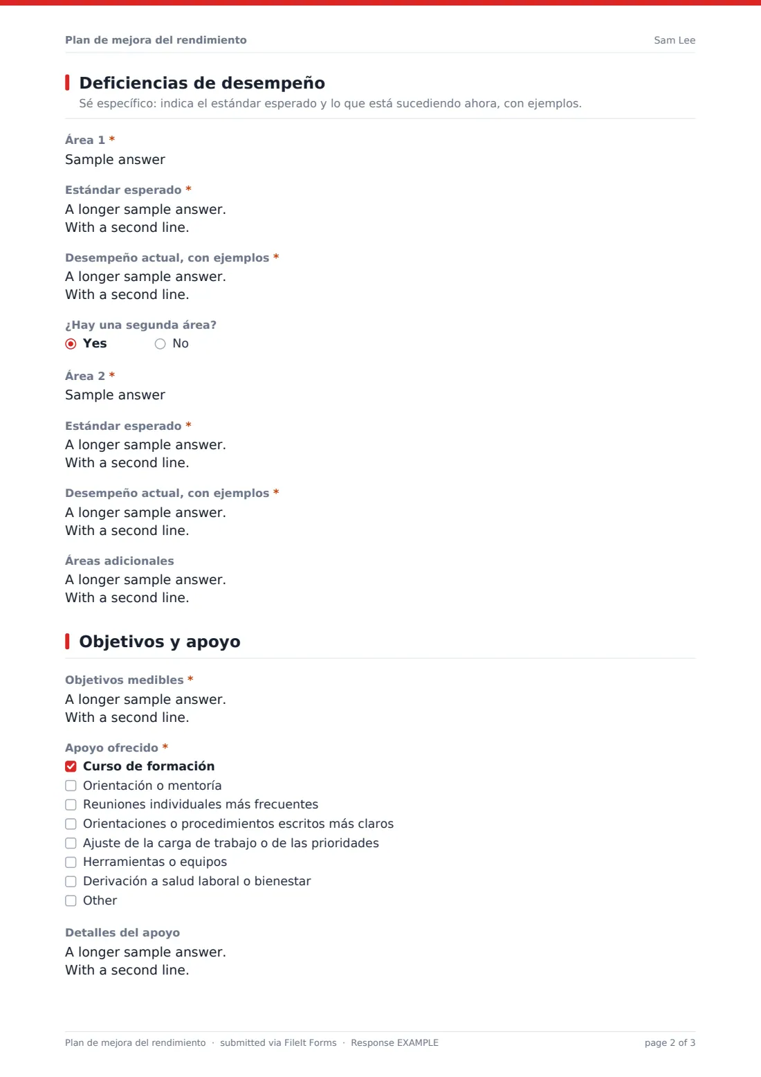 Plan de mejora del rendimiento — PDF de respuesta de ejemplo, página 2 de 3
