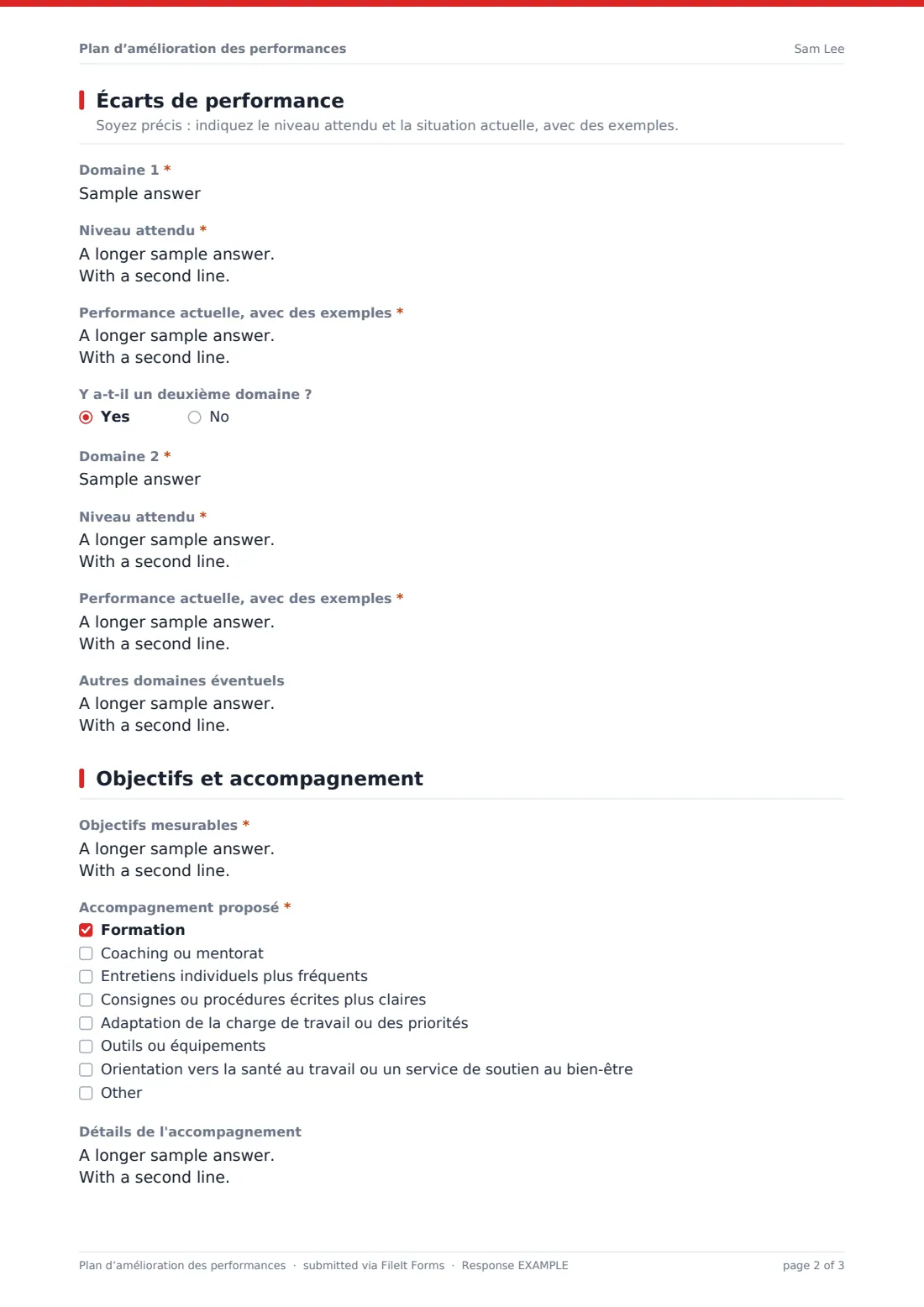 Plan d’amélioration des performances — exemple de réponse au format PDF, page 2 sur 3