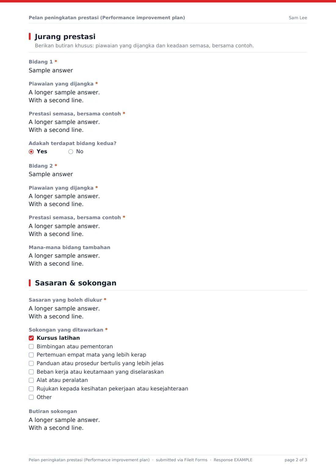 Pelan peningkatan prestasi (Performance improvement plan) — PDF respons contoh, halaman 2 daripada 3