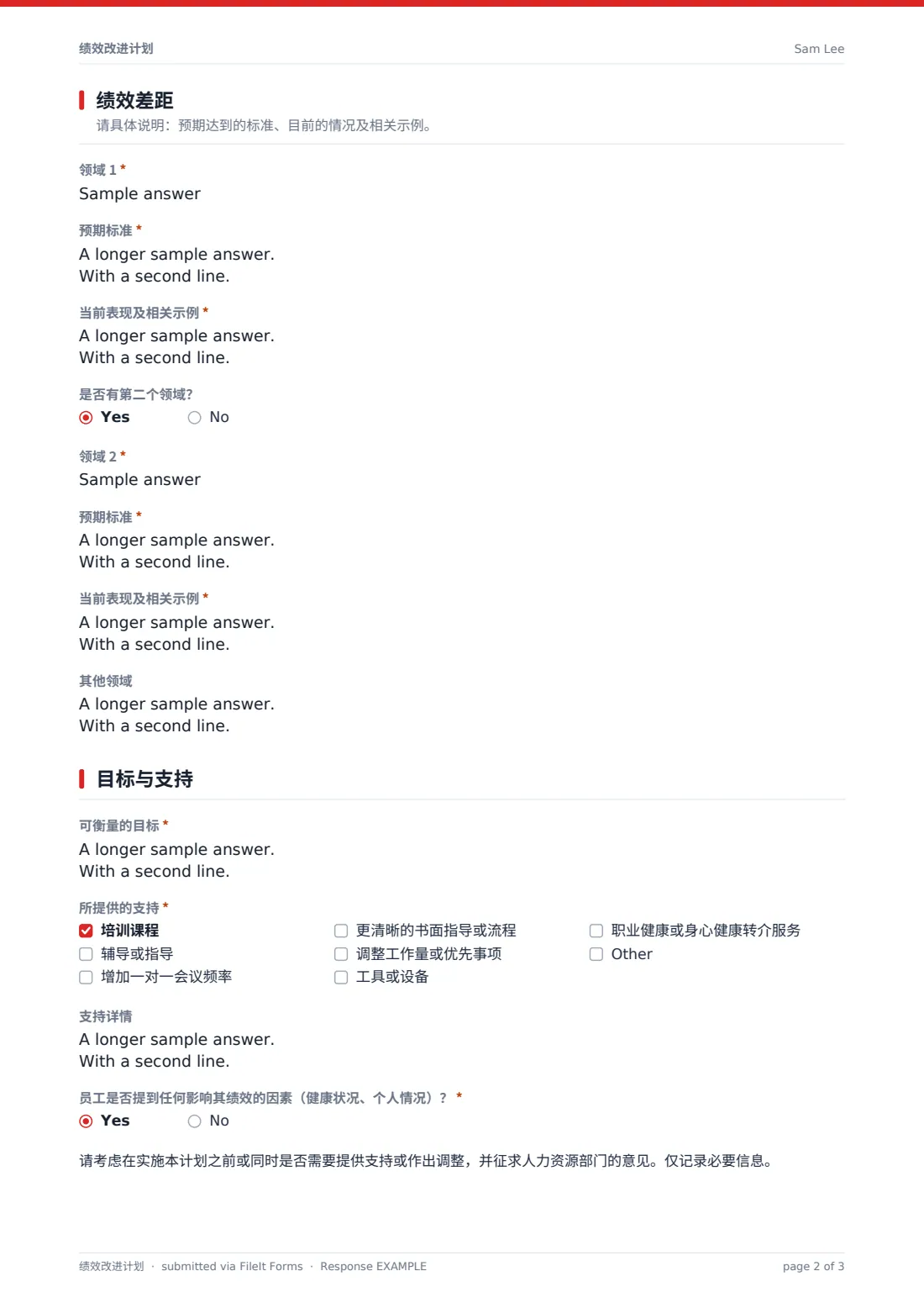 绩效改进计划 — 示例回复 PDF，第 2 页，共 3 页