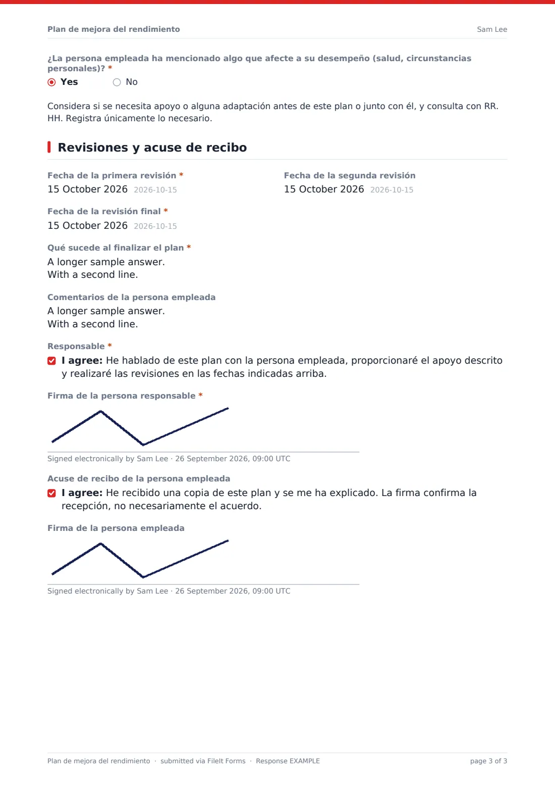 Plan de mejora del rendimiento — PDF de respuesta de ejemplo, página 3 de 3