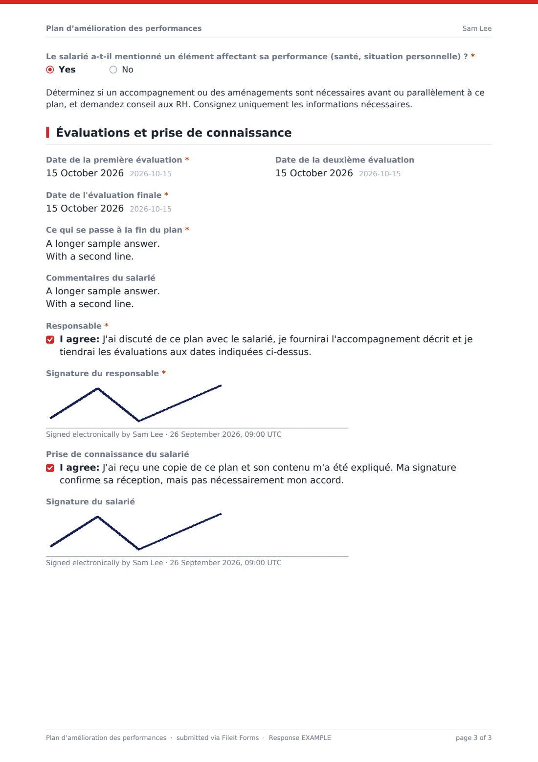 Plan d’amélioration des performances — exemple de réponse au format PDF, page 3 sur 3