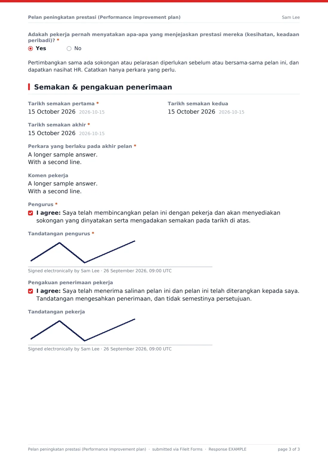Pelan peningkatan prestasi (Performance improvement plan) — PDF respons contoh, halaman 3 daripada 3