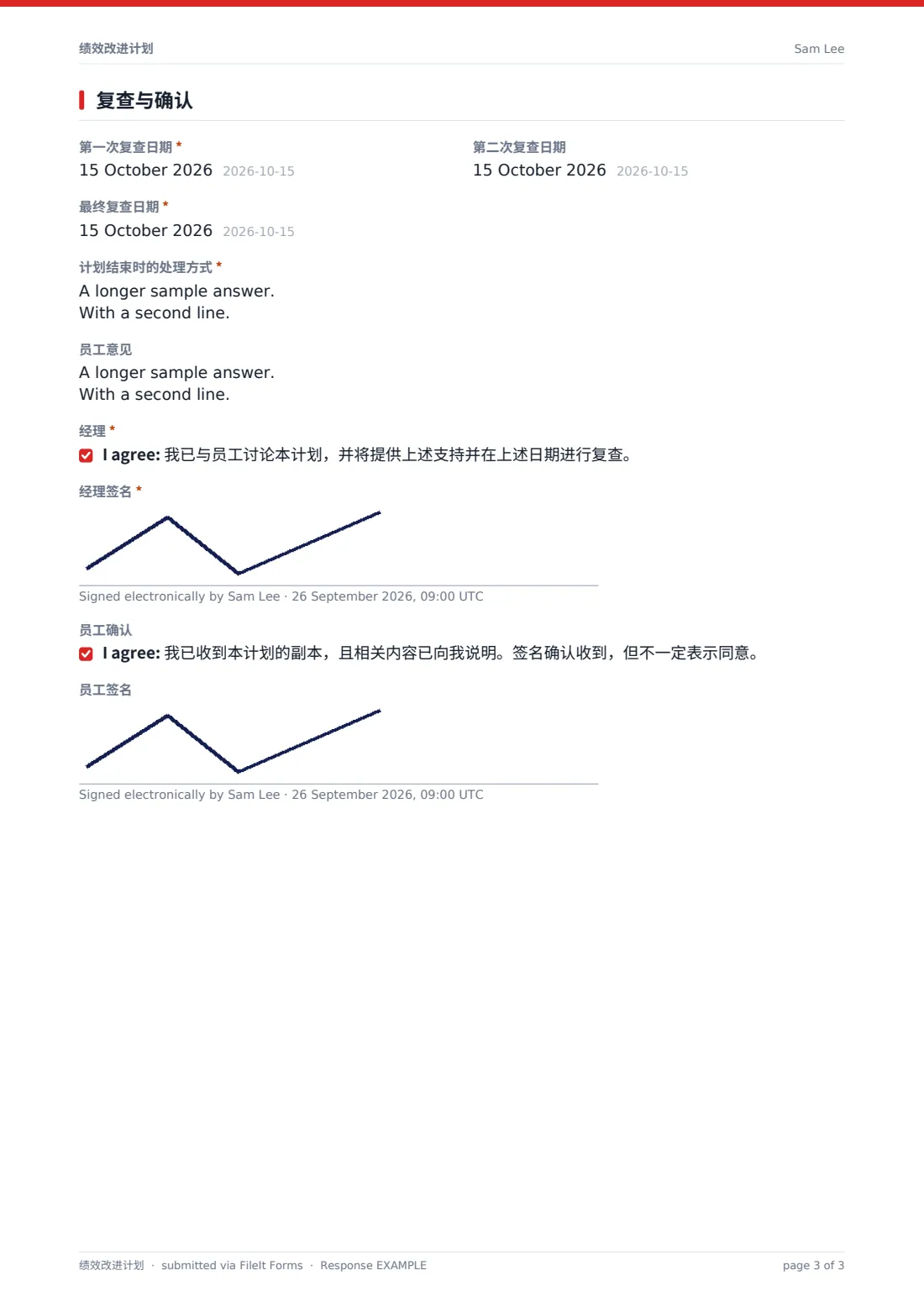 绩效改进计划 — 示例回复 PDF，第 3 页，共 3 页