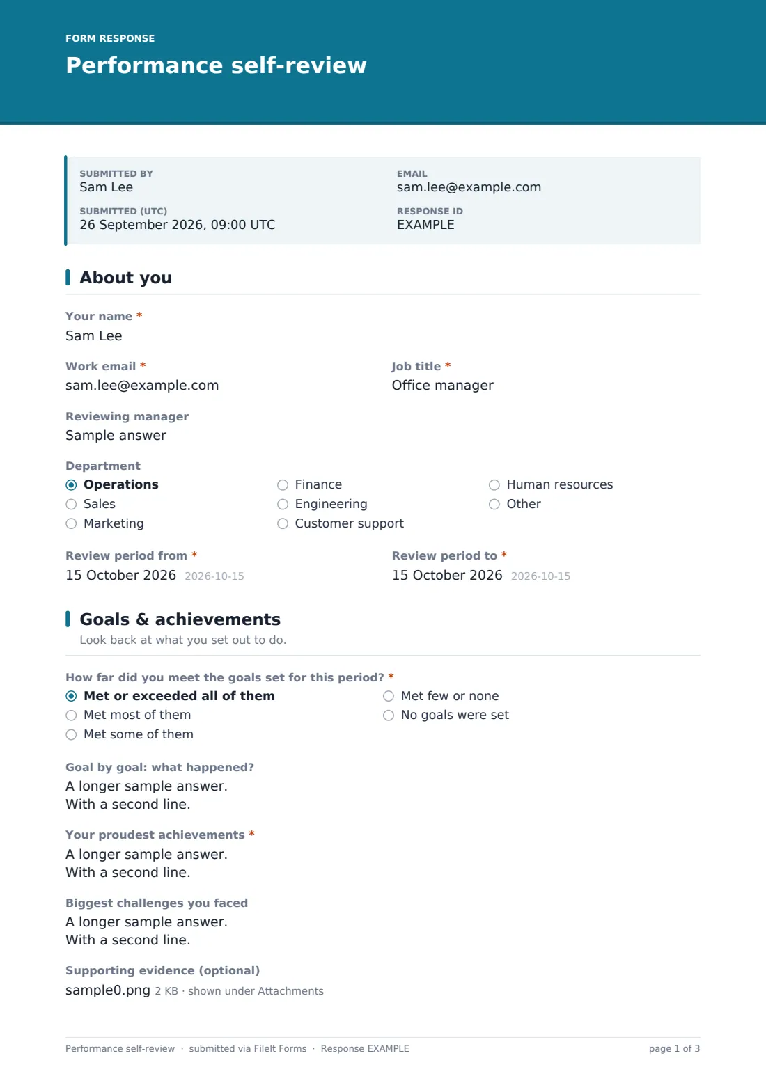Performance self-review — example response PDF, page 1 of 3