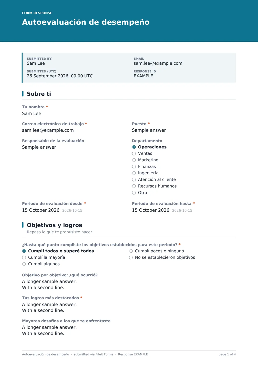 Autoevaluación de desempeño — PDF de respuesta de ejemplo, página 1 de 4