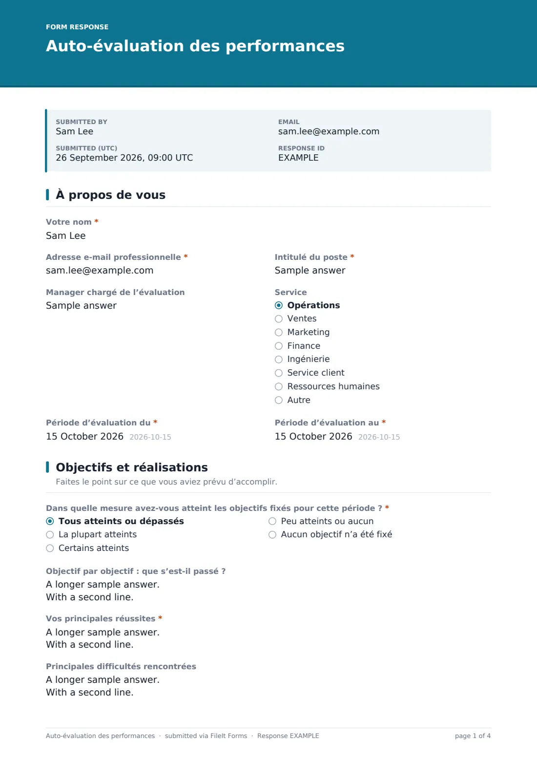 Auto-évaluation des performances — exemple de réponse au format PDF, page 1 sur 4