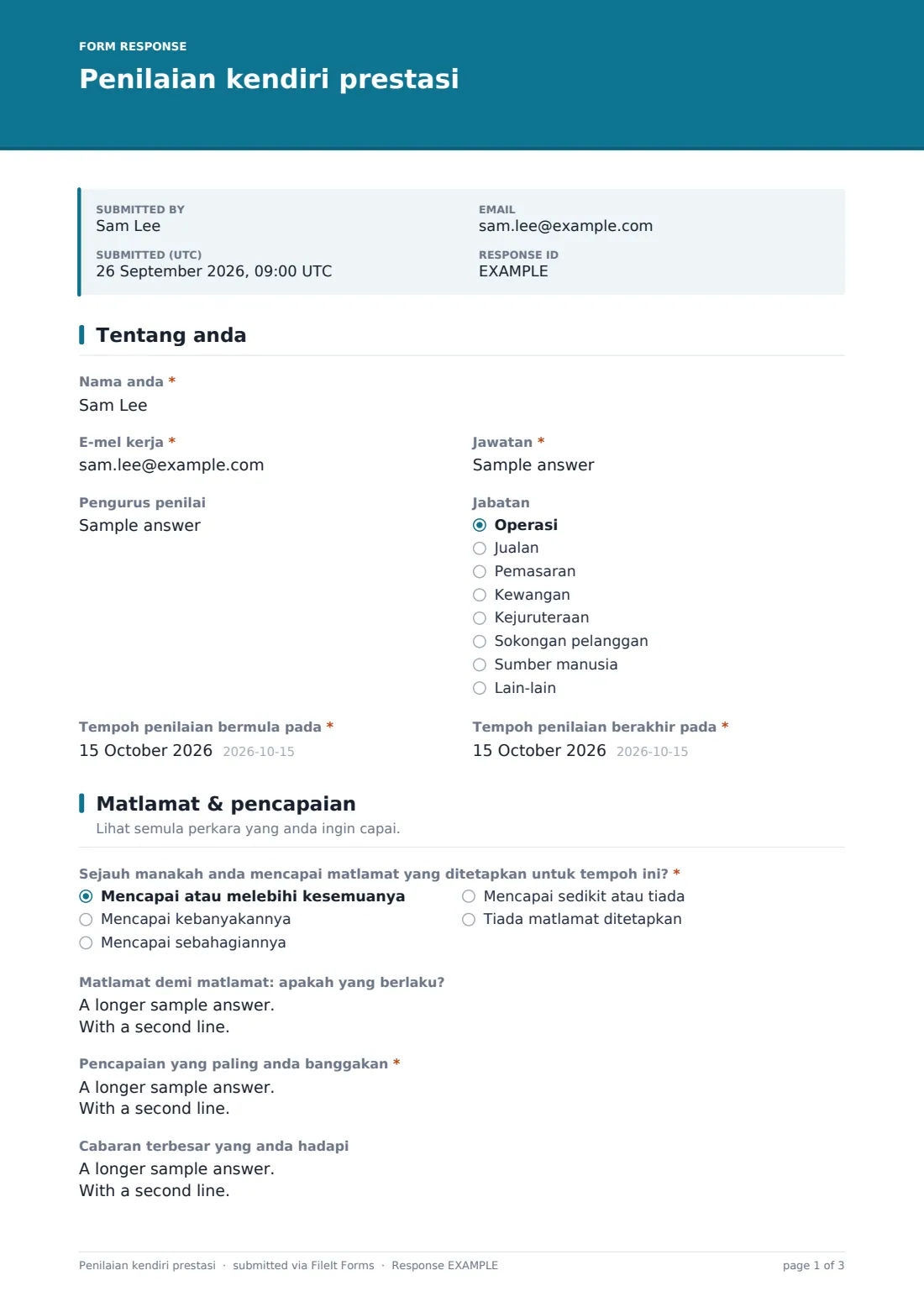 Penilaian kendiri prestasi — PDF respons contoh, halaman 1 daripada 3