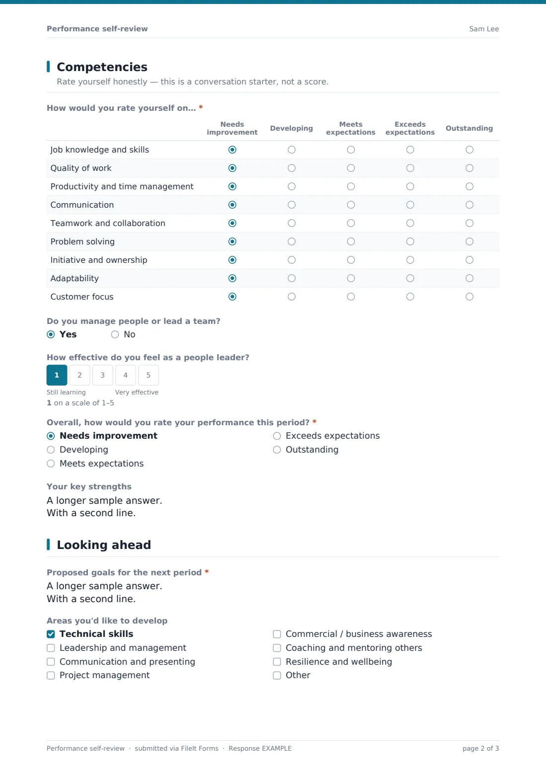 Performance self-review — example response PDF, page 2 of 3