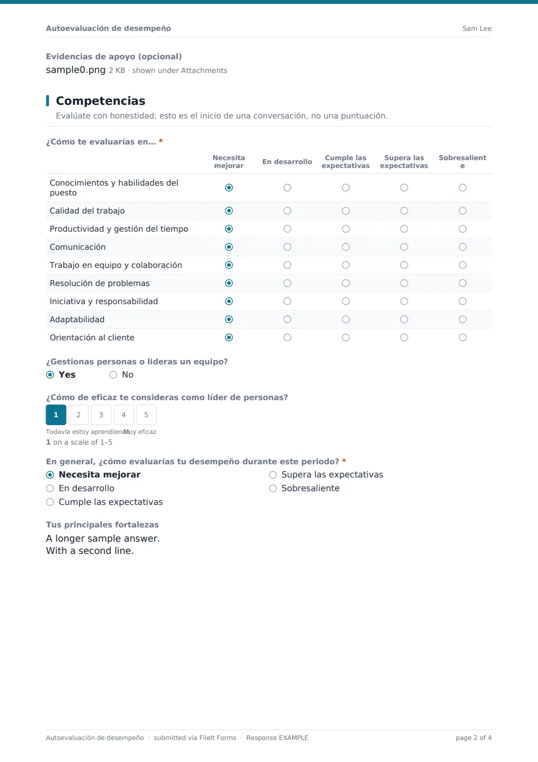 Autoevaluación de desempeño — PDF de respuesta de ejemplo, página 2 de 4