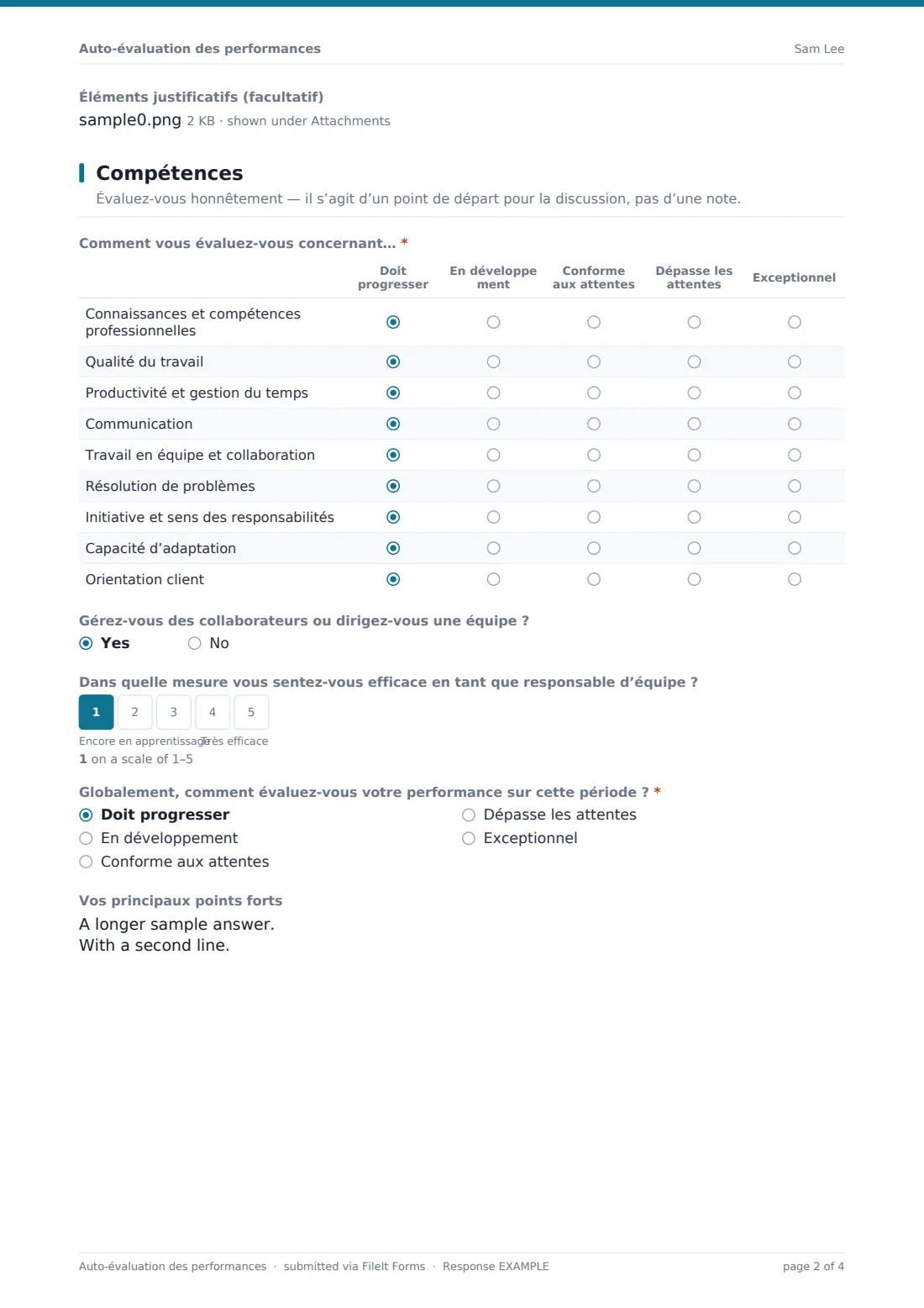 Auto-évaluation des performances — exemple de réponse au format PDF, page 2 sur 4