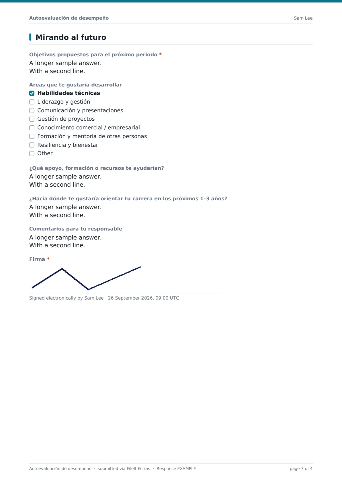 Autoevaluación de desempeño — PDF de respuesta de ejemplo, página 3 de 4