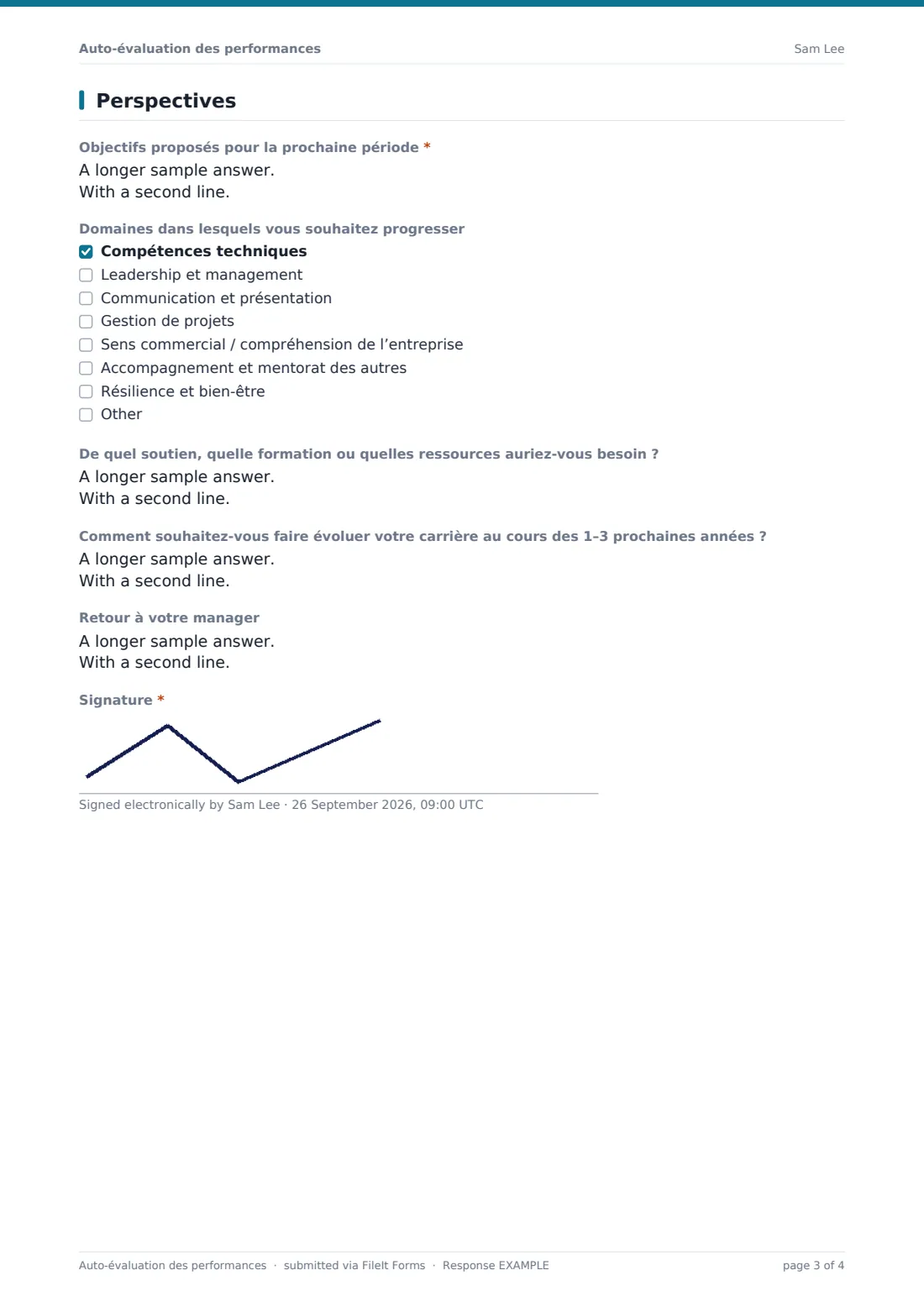 Auto-évaluation des performances — exemple de réponse au format PDF, page 3 sur 4