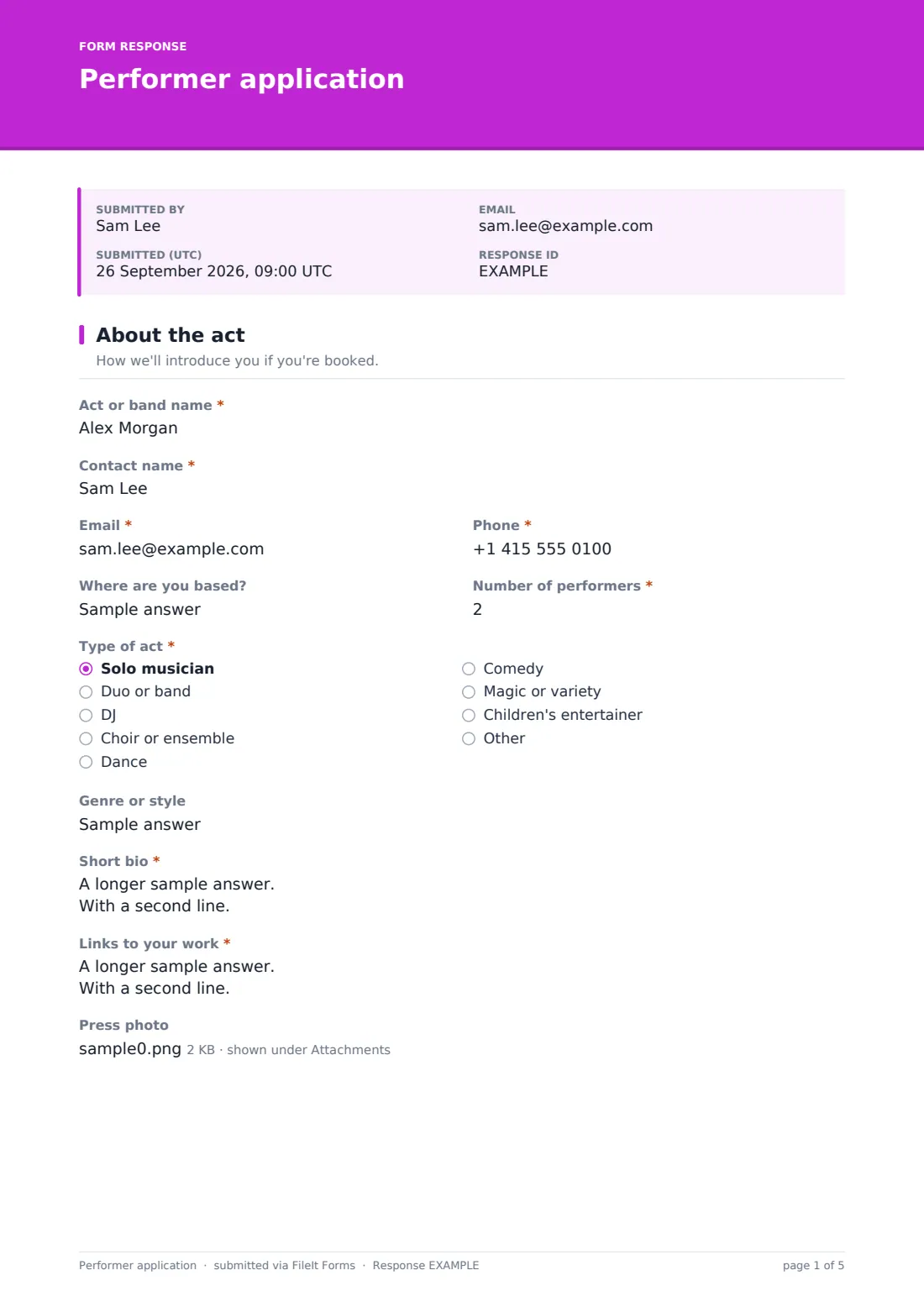 Performer application — example response PDF, page 1 of 5
