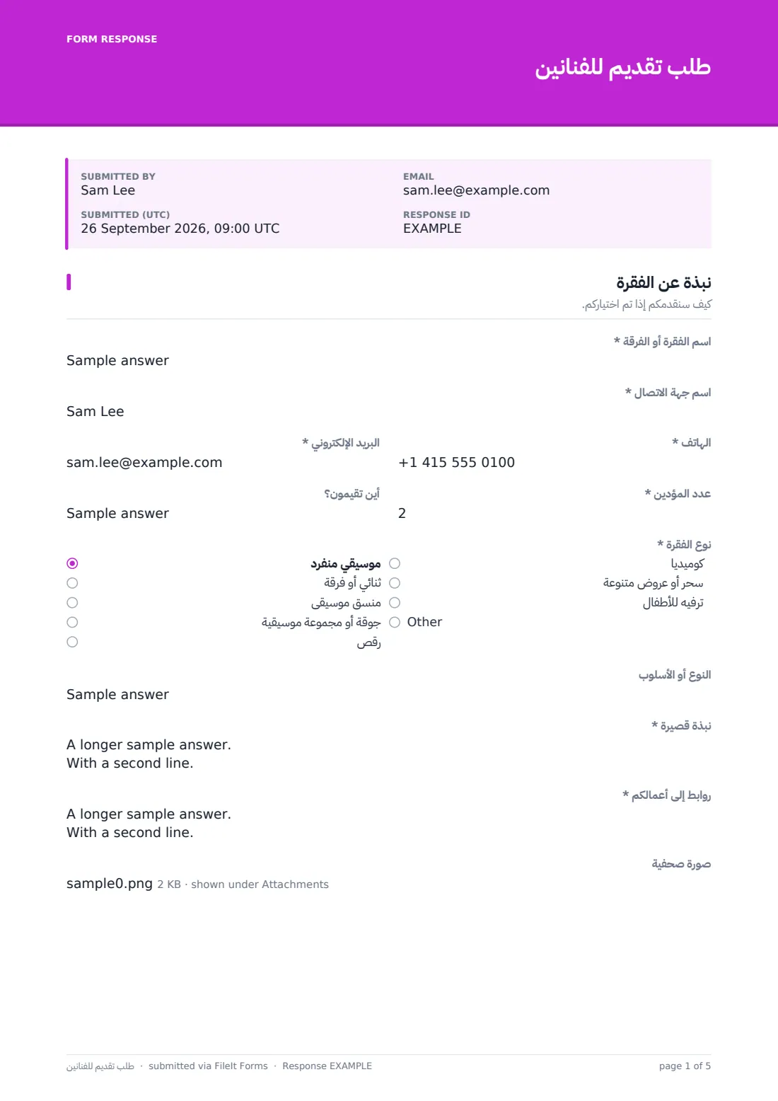 طلب تقديم للفنانين — ملف PDF لرد نموذجي، الصفحة 1 من 5
