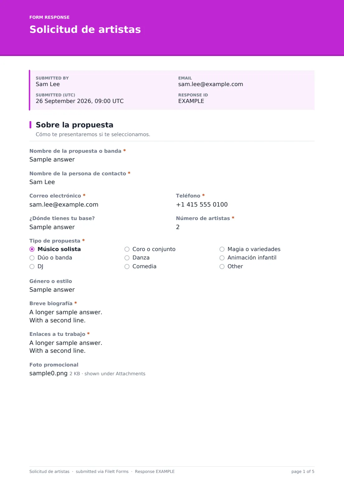 Solicitud de artistas — PDF de respuesta de ejemplo, página 1 de 5