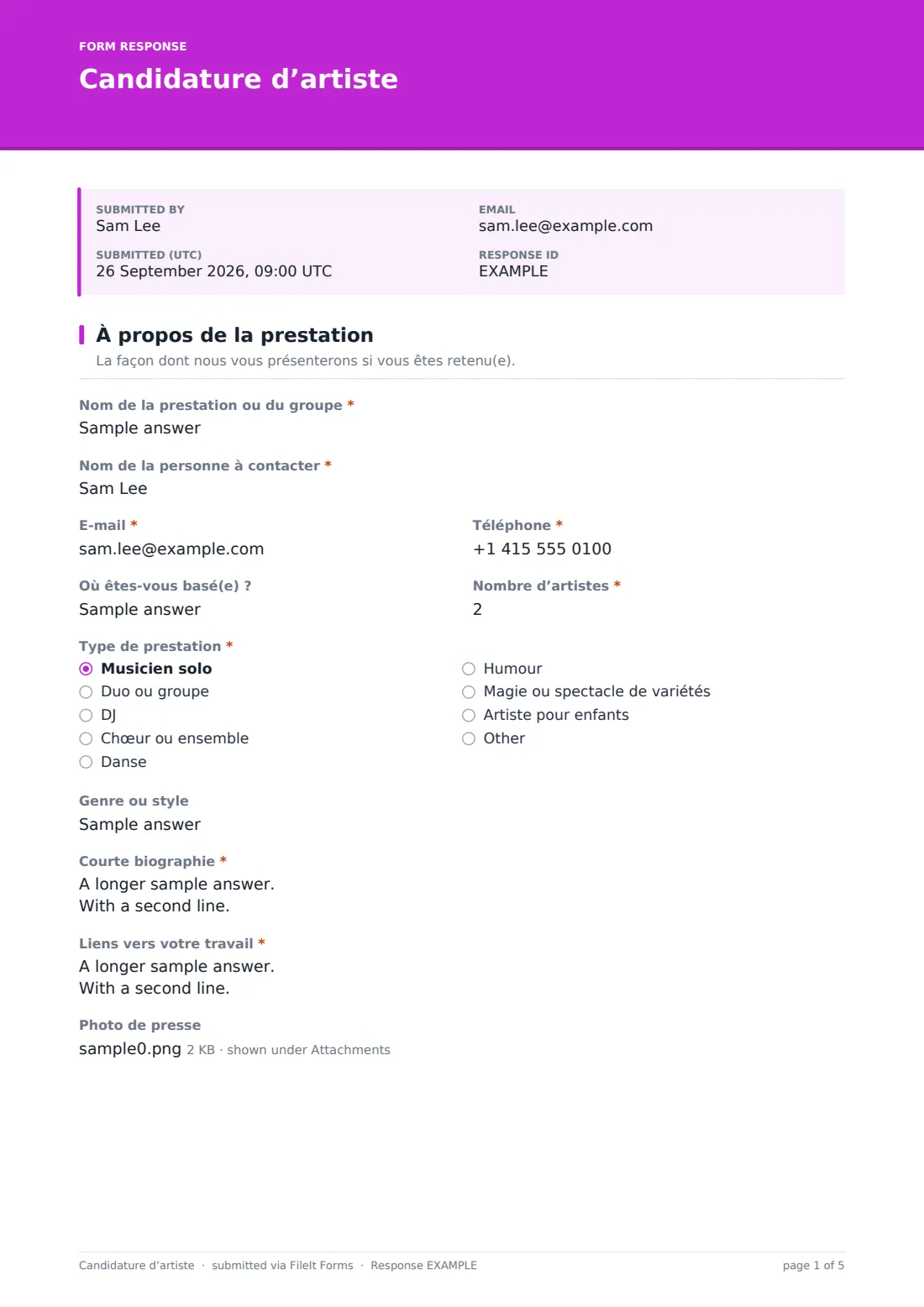 Candidature d’artiste — exemple de réponse au format PDF, page 1 sur 5