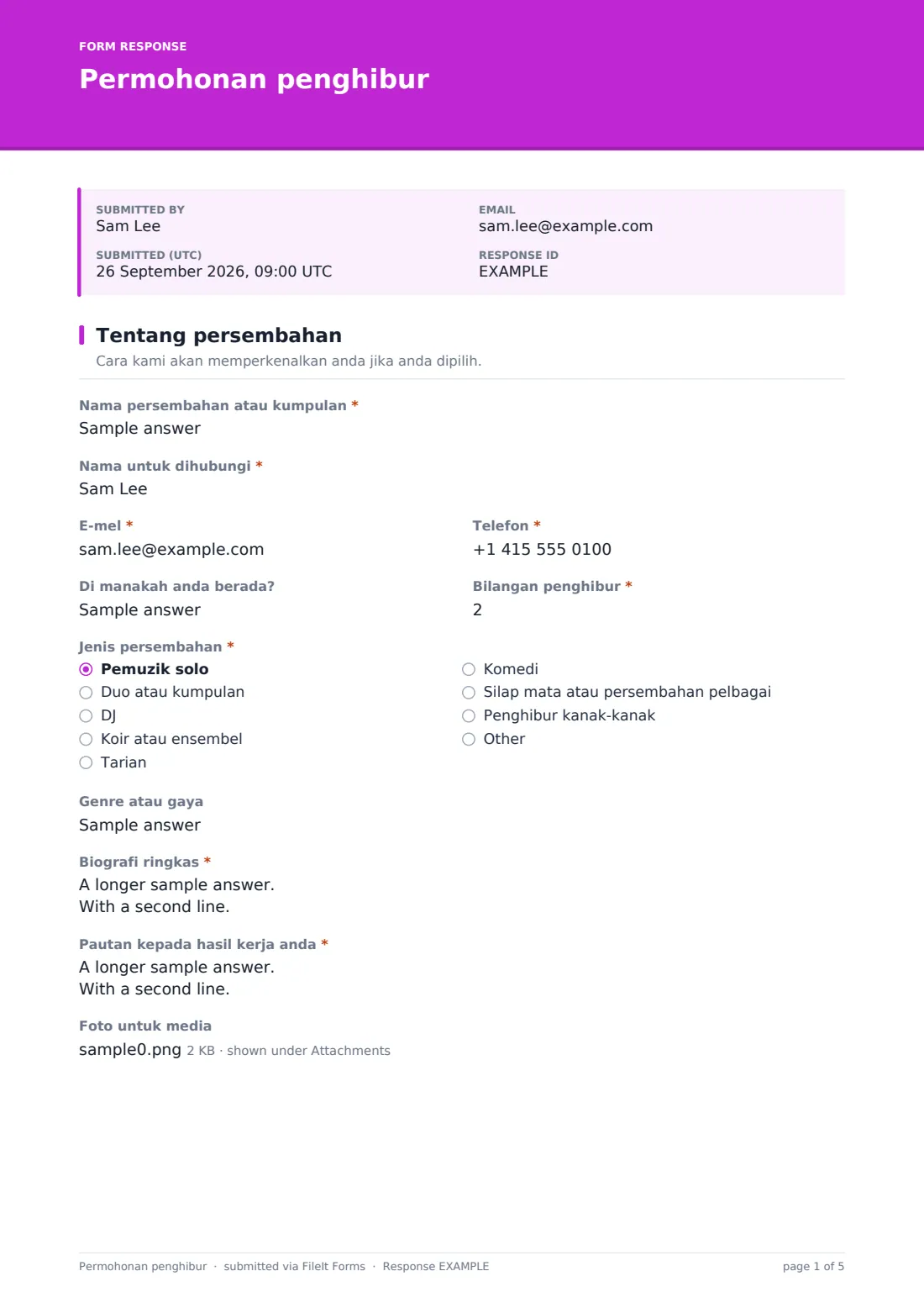 Permohonan penghibur — PDF respons contoh, halaman 1 daripada 5