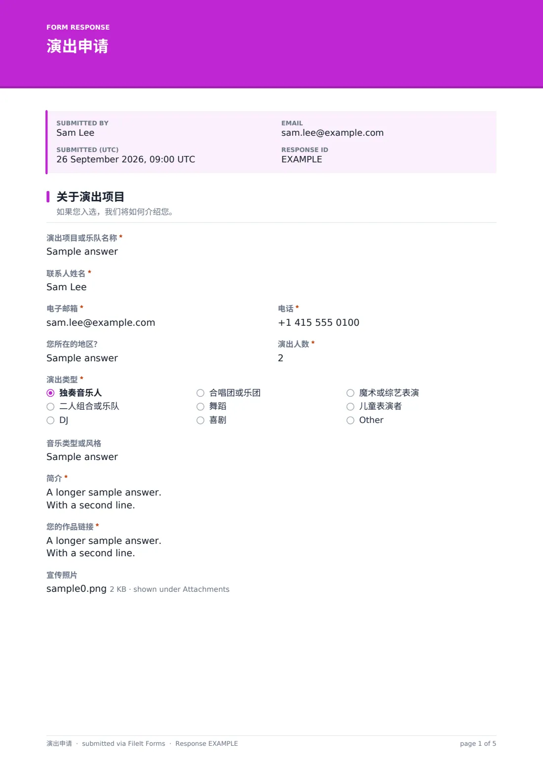 演出申请 — 示例回复 PDF，第 1 页，共 5 页