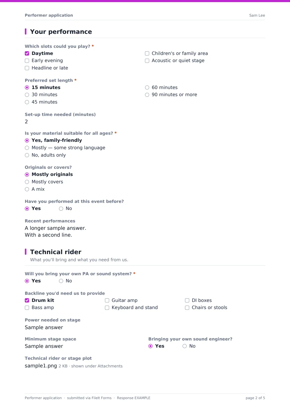 Performer application — example response PDF, page 2 of 5