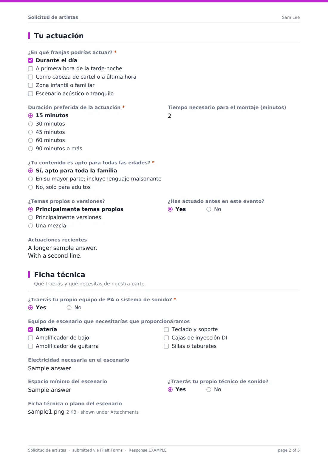 Solicitud de artistas — PDF de respuesta de ejemplo, página 2 de 5