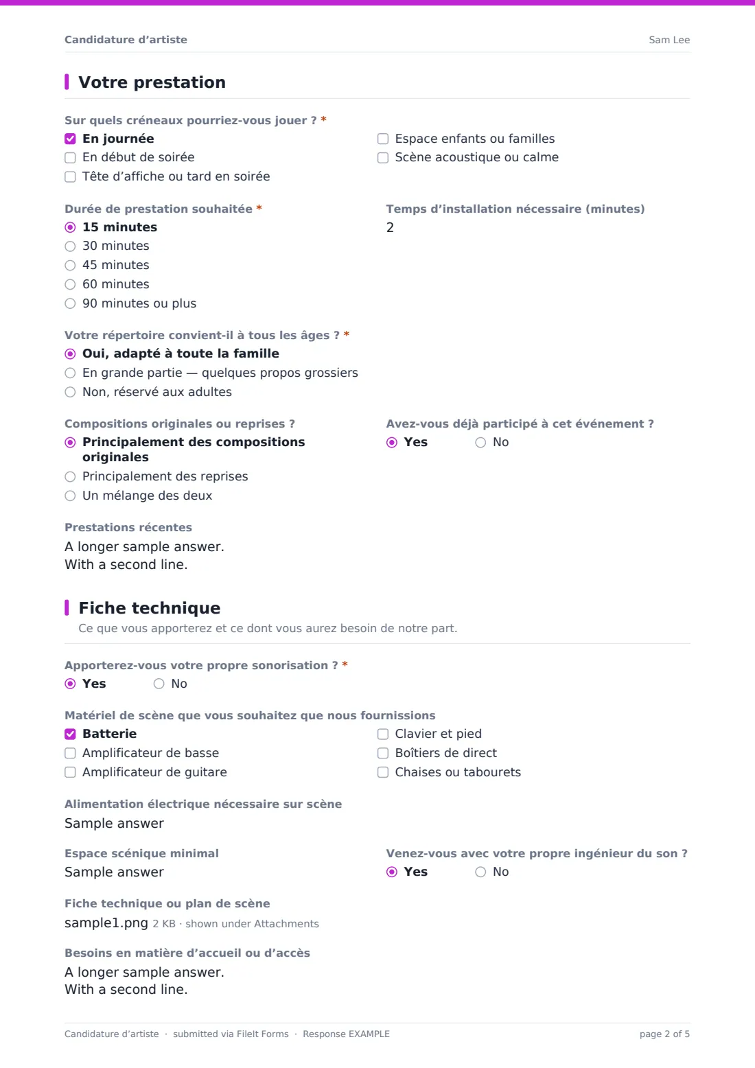 Candidature d’artiste — exemple de réponse au format PDF, page 2 sur 5