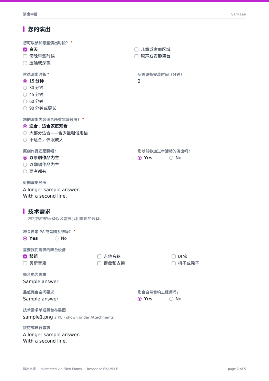 演出申请 — 示例回复 PDF，第 2 页，共 5 页