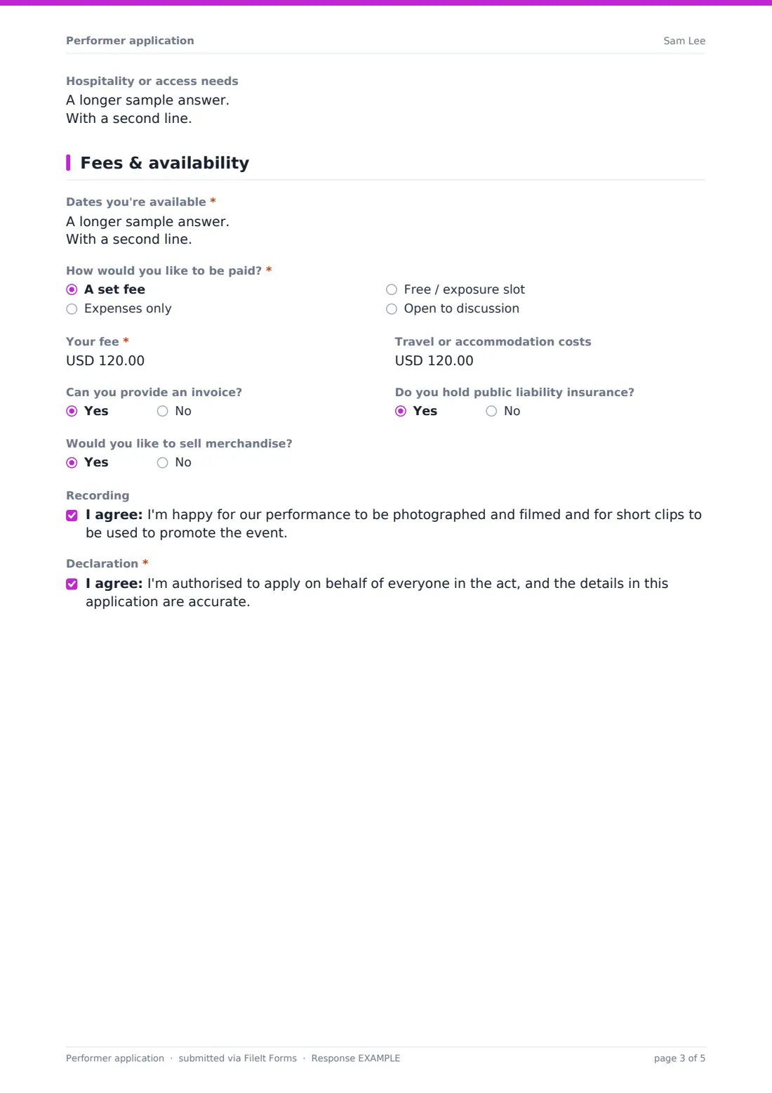 Performer application — example response PDF, page 3 of 5