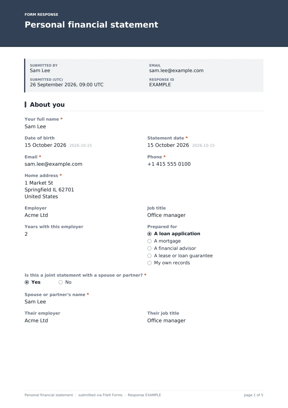 Personal financial statement — example response PDF, page 1 of 5