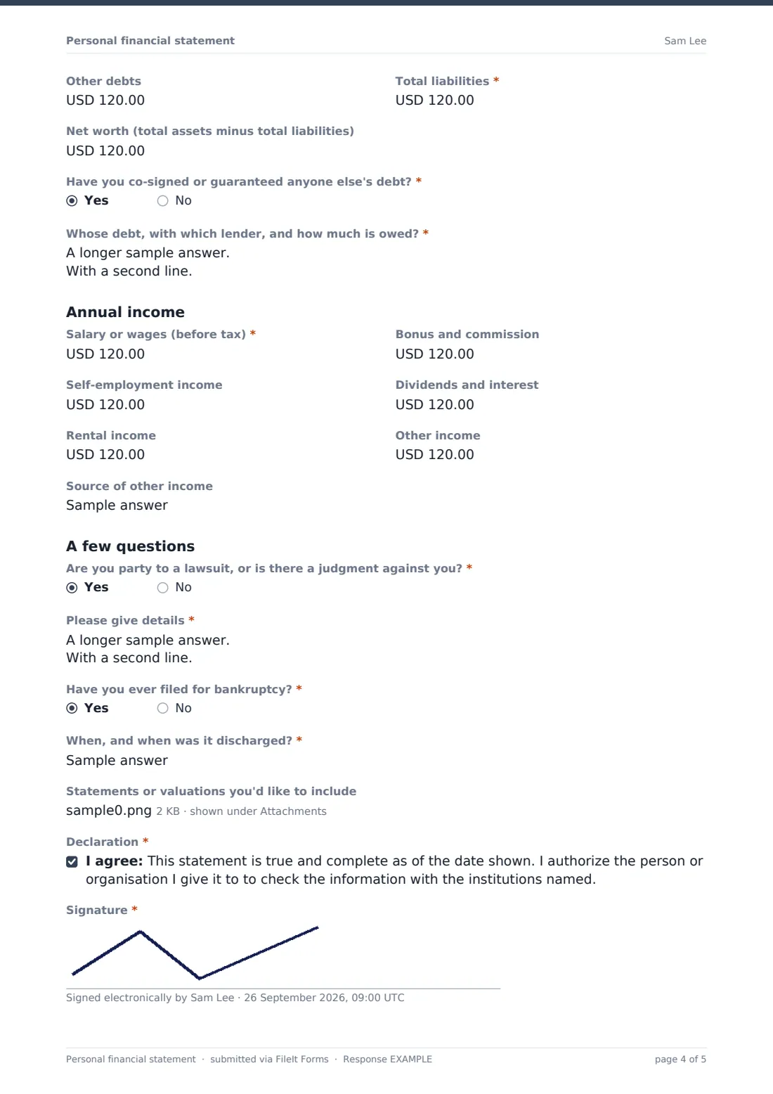 Personal financial statement — example response PDF, page 4 of 5