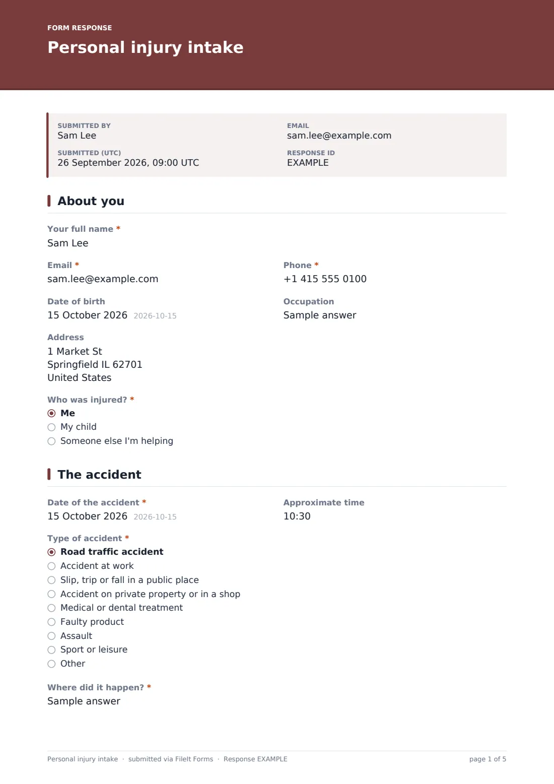 Personal injury intake — example response PDF, page 1 of 5