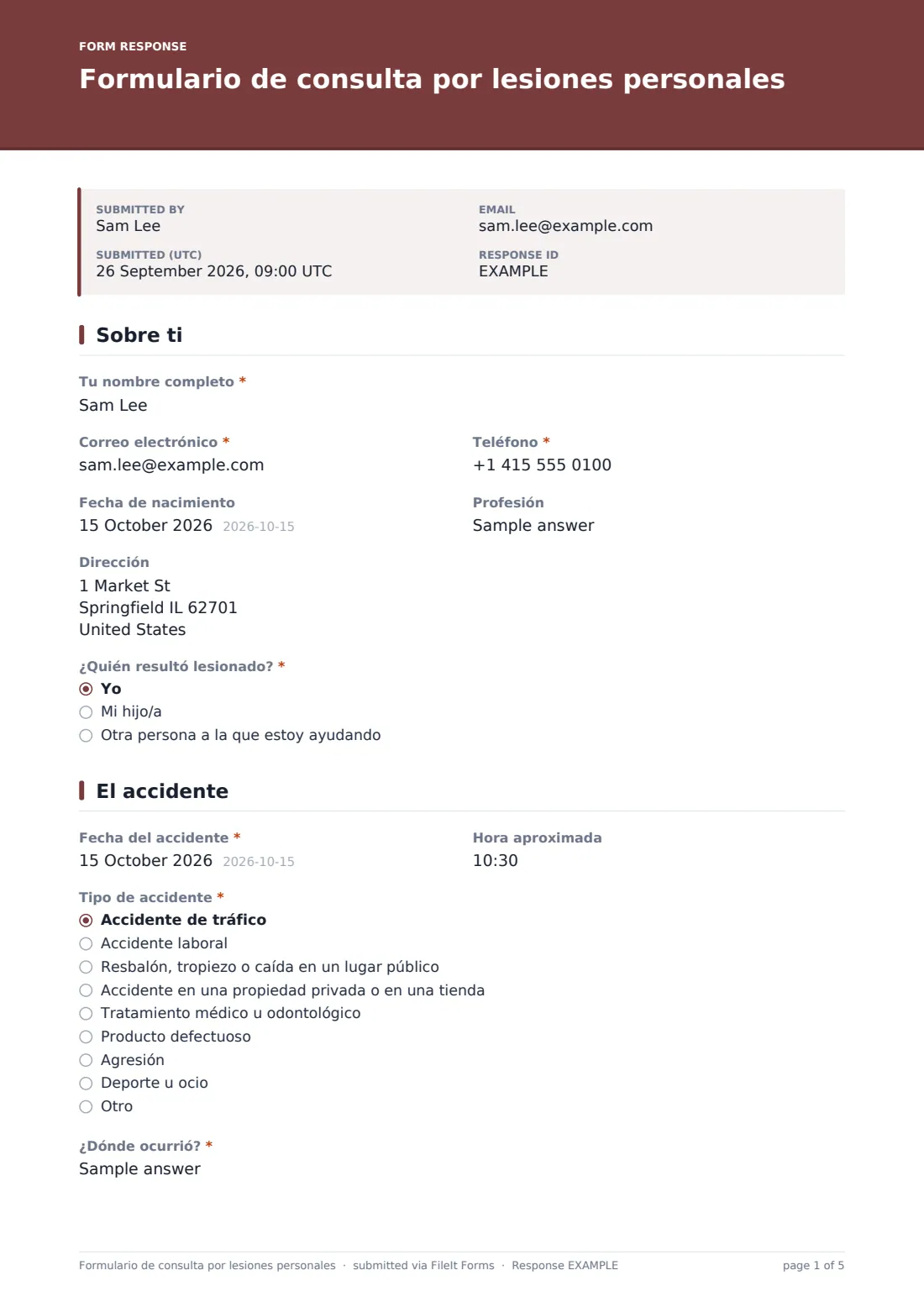 Formulario de consulta por lesiones personales — PDF de respuesta de ejemplo, página 1 de 5