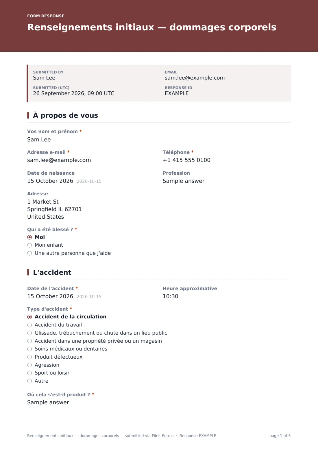 Renseignements initiaux — dommages corporels — exemple de réponse au format PDF, page 1 sur 5