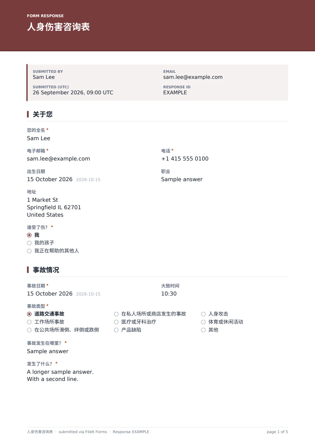 人身伤害咨询表 — 示例回复 PDF，第 1 页，共 5 页