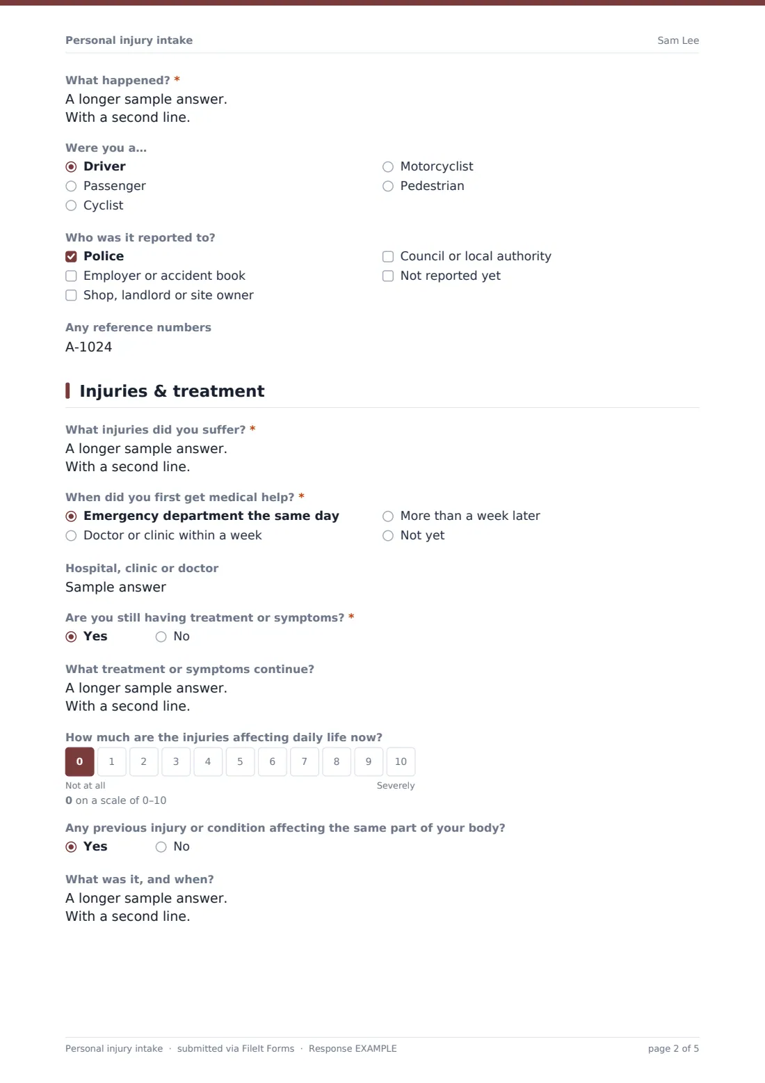 Personal injury intake — example response PDF, page 2 of 5