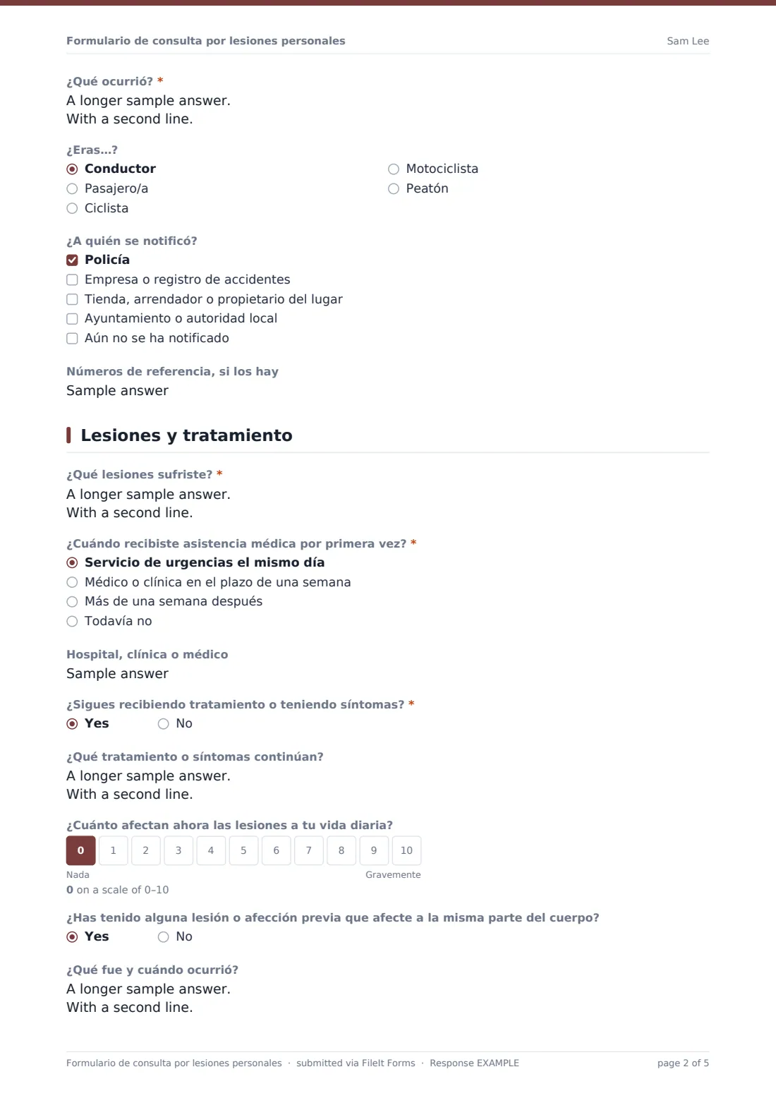Formulario de consulta por lesiones personales — PDF de respuesta de ejemplo, página 2 de 5