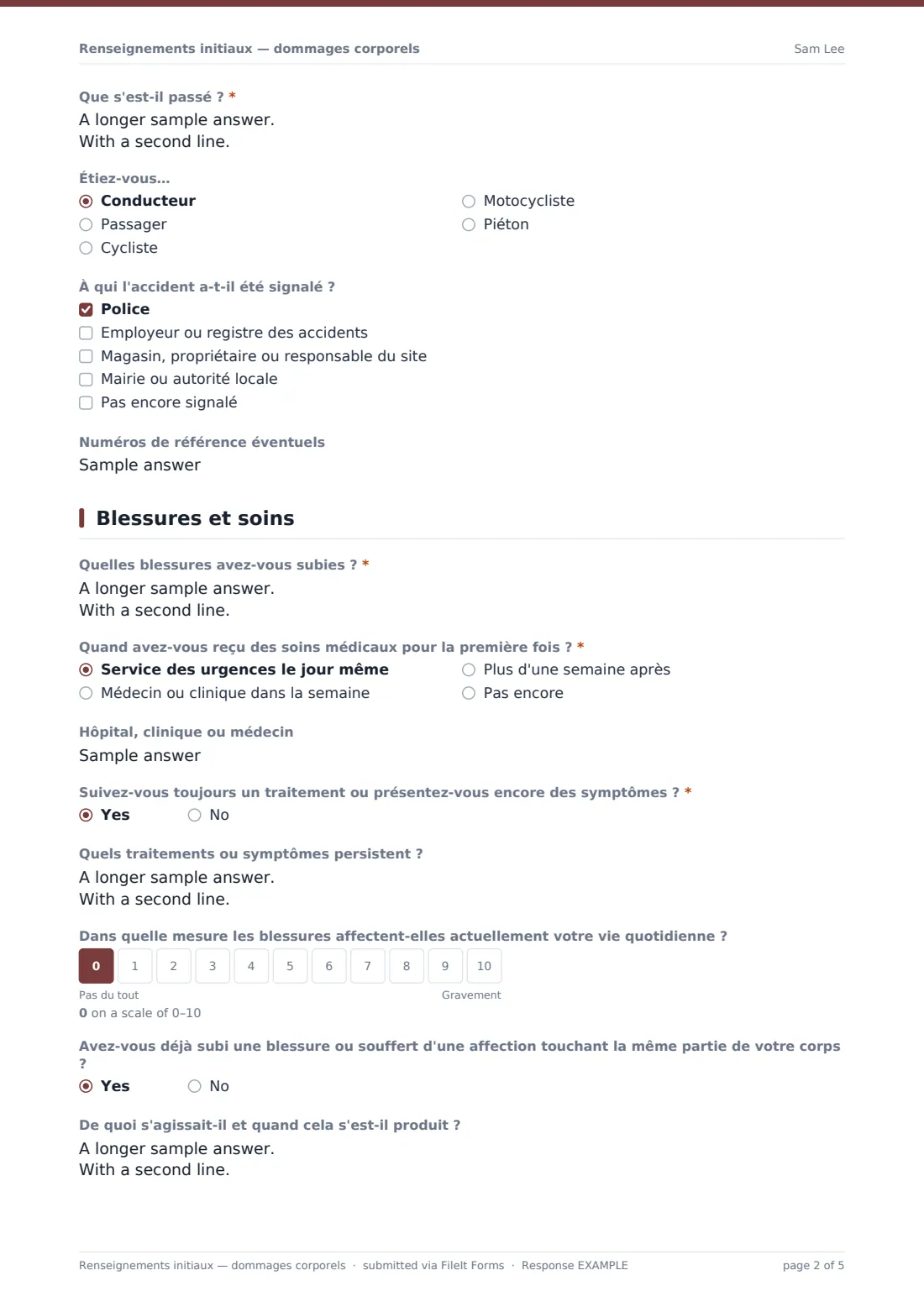 Renseignements initiaux — dommages corporels — exemple de réponse au format PDF, page 2 sur 5