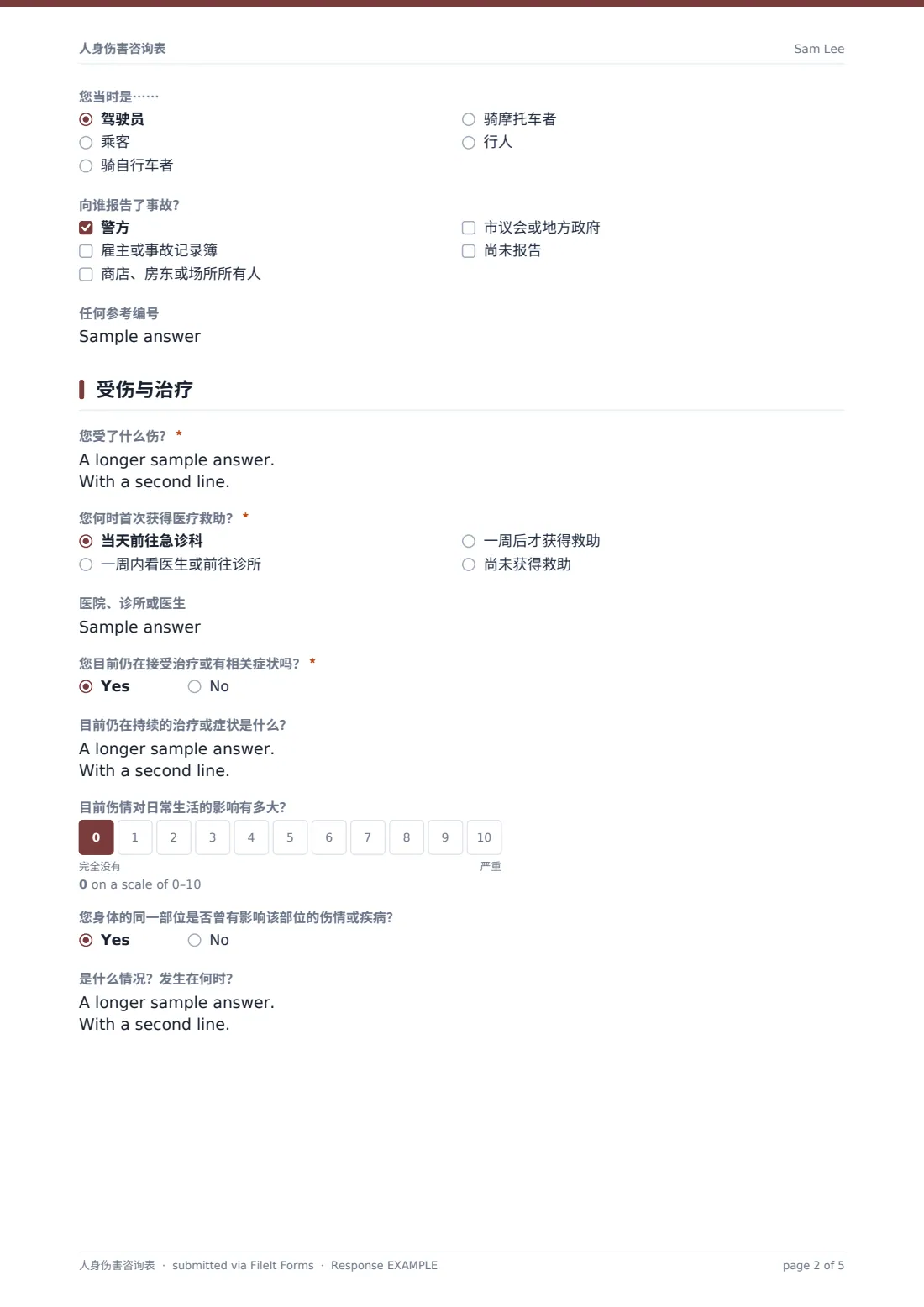 人身伤害咨询表 — 示例回复 PDF，第 2 页，共 5 页
