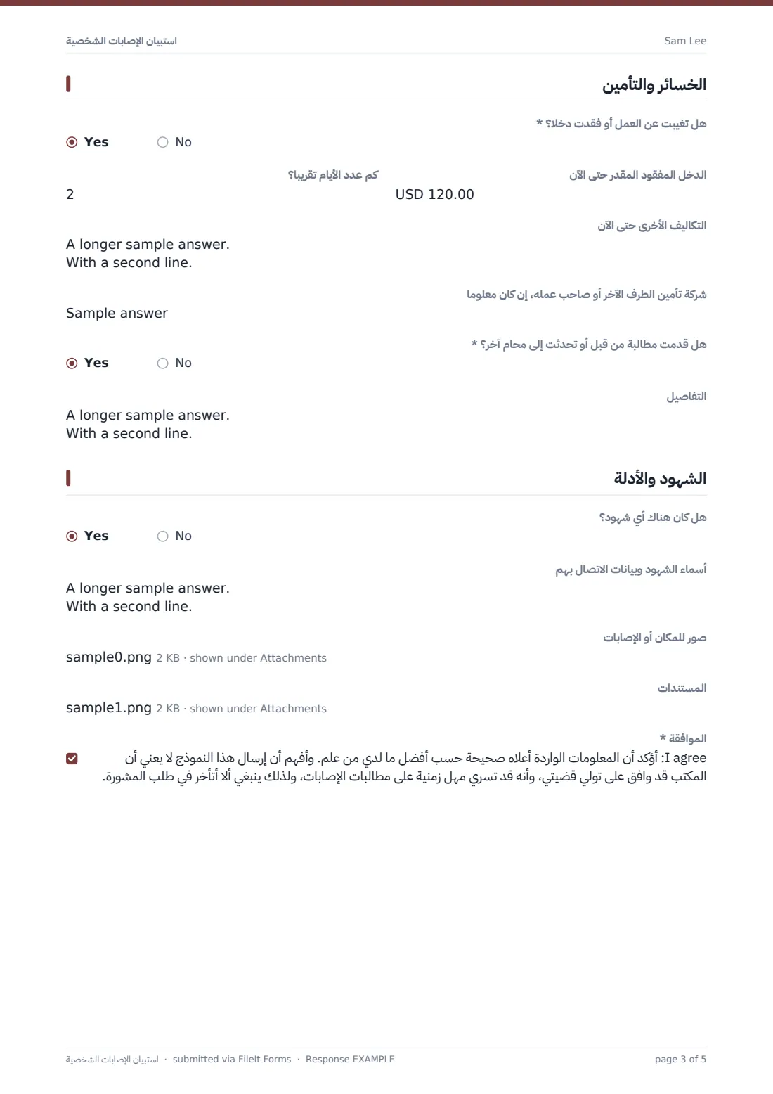 استبيان الإصابات الشخصية — ملف PDF لرد نموذجي، الصفحة 3 من 5