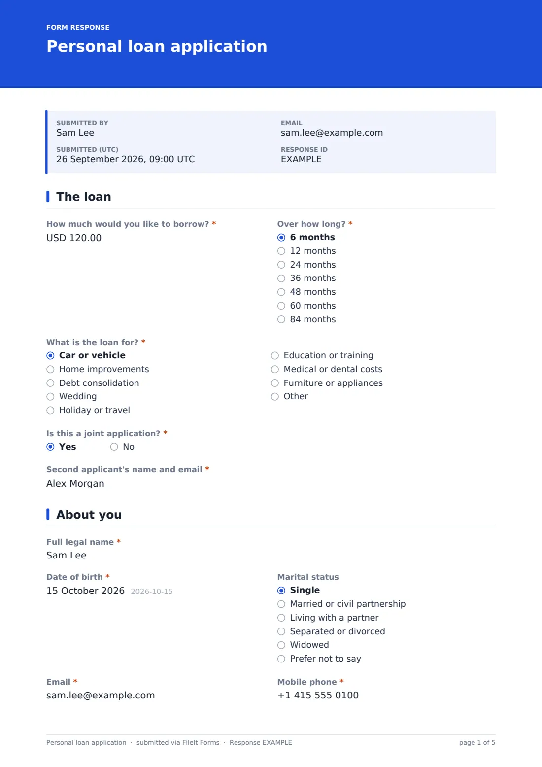 Personal loan application — example response PDF, page 1 of 5